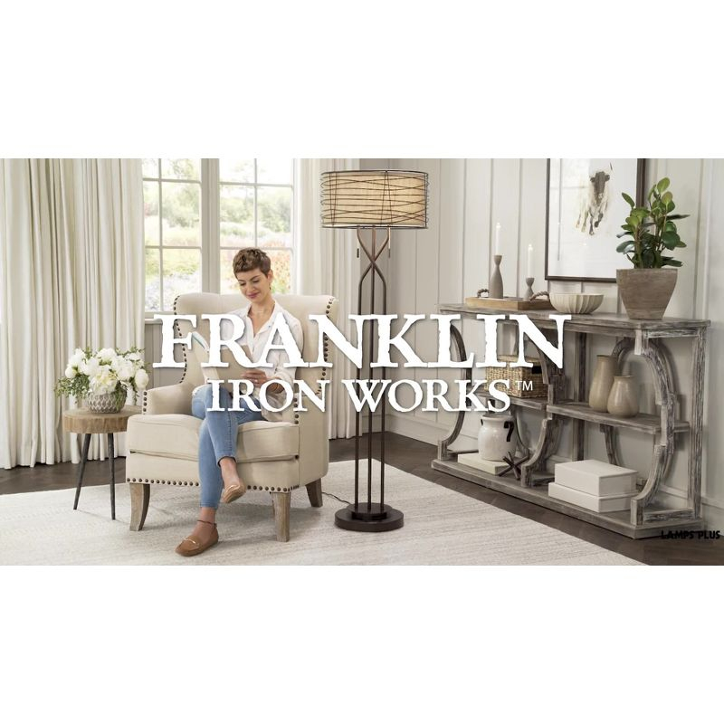 Franklin Iron Works Marlowe Rustic Farmhouse Floor Lamp 60 1/2" Tall Bronze Metal Oster Woven Burlap Fabric Inner Drum Shade for Living Room Bedroom
