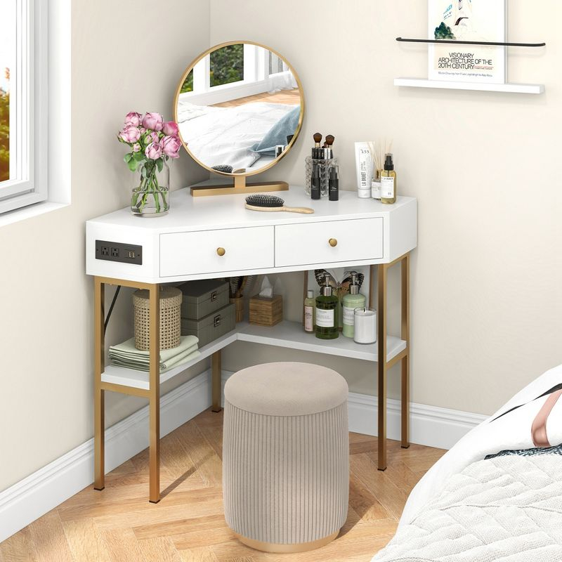 Costway Corner Desk with Built-in Charging Station Storage Drawers & Open Shelves Office White