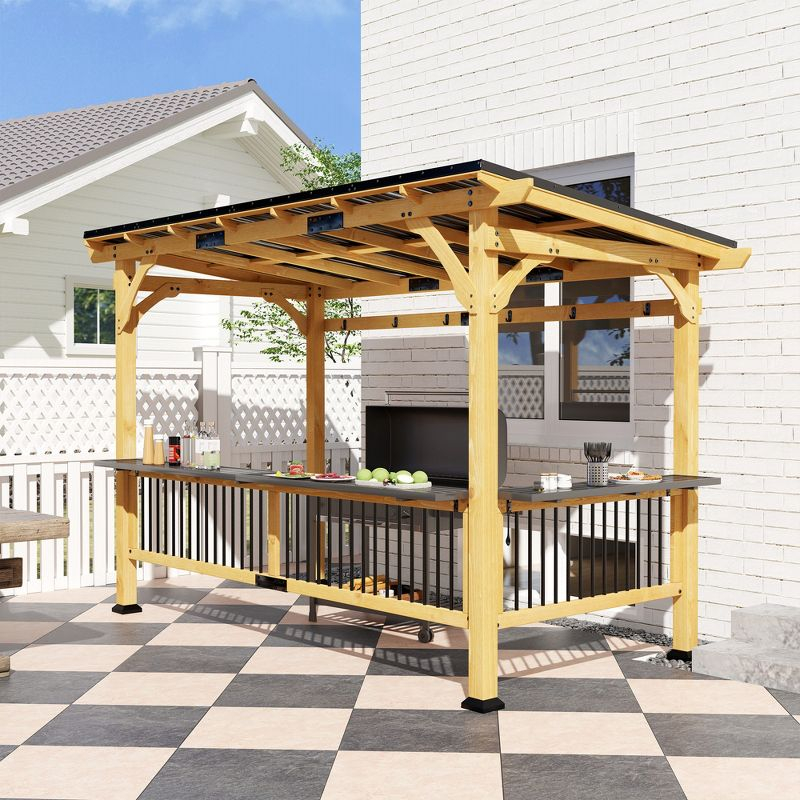 Outsunny 13' x 6' Wooden Grill Gazebo, Hardtop Outdoor BBQ Gazebo with with Metal Roof, 2 Bar Shelves and 6 Hooks for Patio, Deck, Yard, Natural