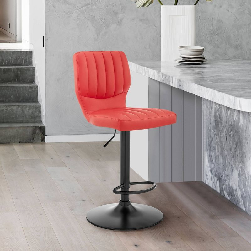 Bardot Adjustable Barstool with Faux Leather Metal Finish Black/Red - Armen Living: Swivel, Hydraulic Lift, 360-Degree