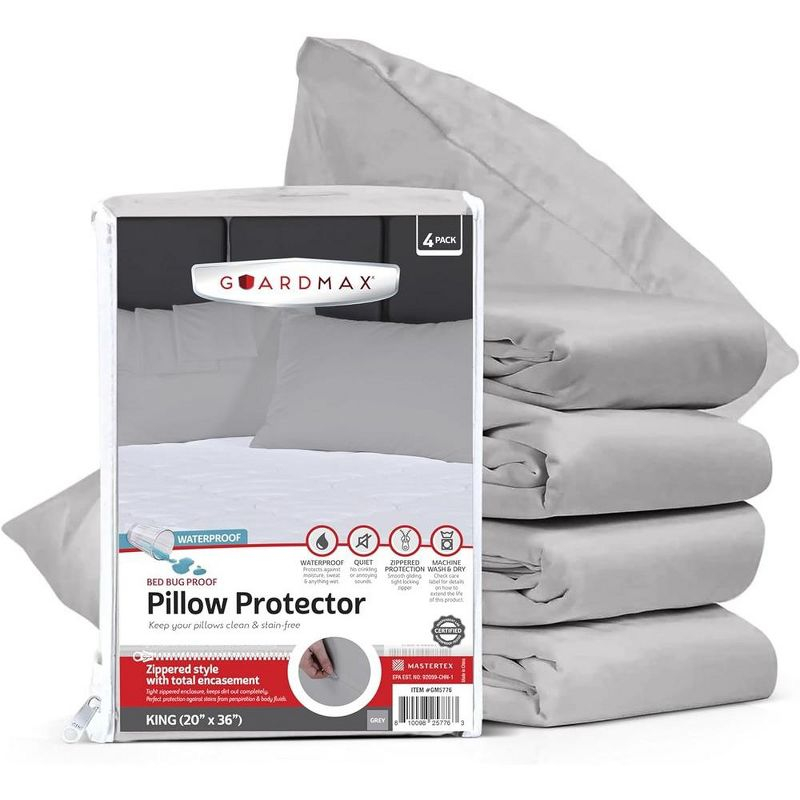 Guardmax - Bed Bug/Waterproof Pillow Protector - Zippered - Grey - 4/PK - King