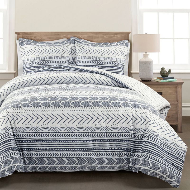 3pc King Hygge Geo Duvet & Sham Set Navy/White - Lush Décor: Cotton, Reversible, Inner Ties, 460 Thread Count