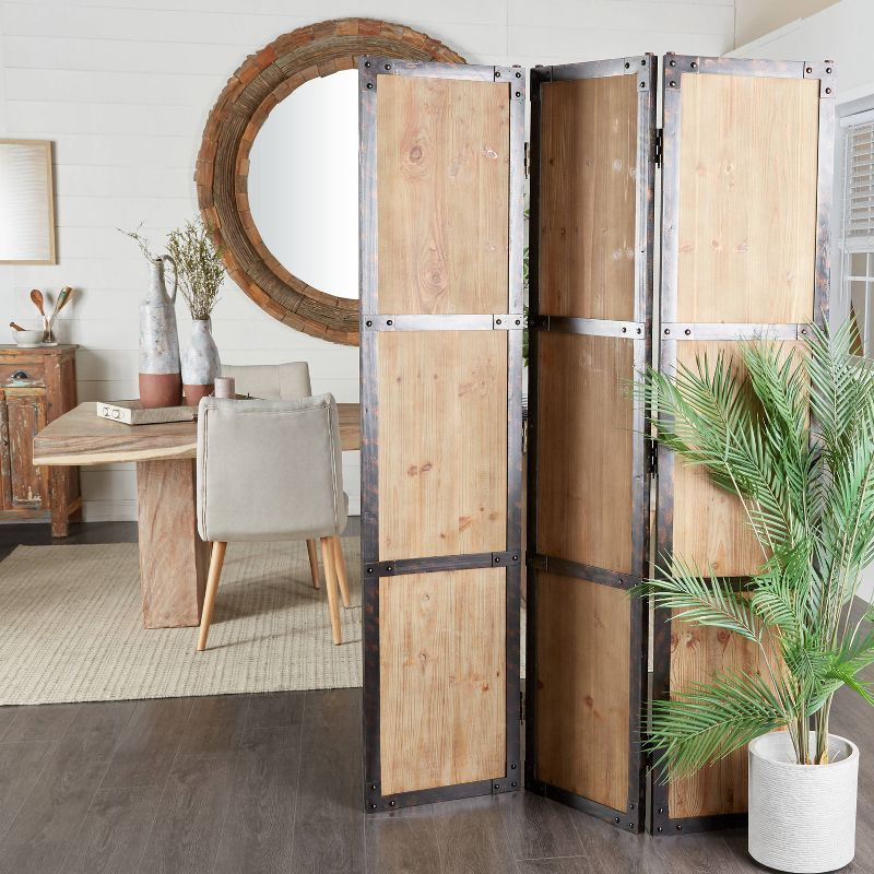 Farmhouse Carved Wood Panel Room Divider Screen Brown - Olivia & May: Indoor Privacy Partition