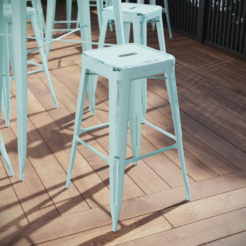 Flash Furniture Commercial Grade 30" High Backless Distressed Green-Blue Metal Indoor-Outdoor Barstool