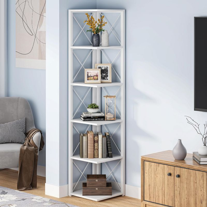 Hommoo 6-Tier Corner Shelf, 70.86" Corner Bookshelf White
