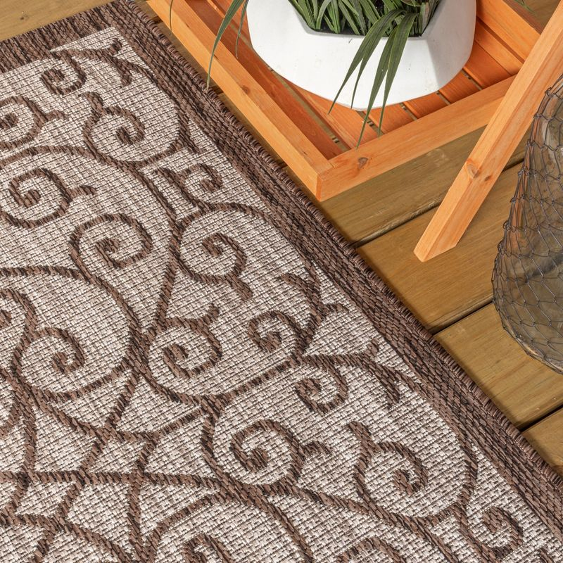 5' Square Madrid Vintage Filigree Textured Weave Indoor/Outdoor Area Rug, Taupe/Espresso - JONATHAN Y