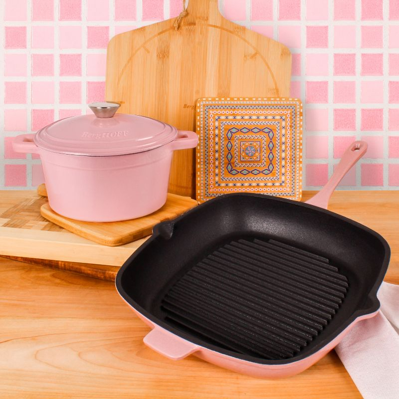 BergHOFF Neo 3Pc Cast Iron Set: 3qt. Covered Dutch Oven & 11" Grill Pan, Pink