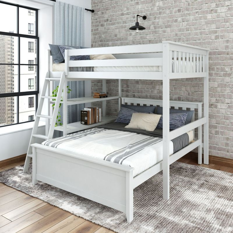 Plank+Beam Solid Wood Bunk Bed, L Shaped Full-Over-Full Bed Frame with Bookcase, White