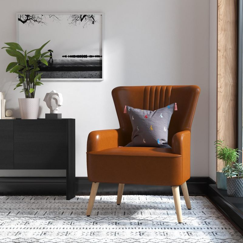 Novogratz William Accent Chair with Light Oak Legs, Camel Faux Leather