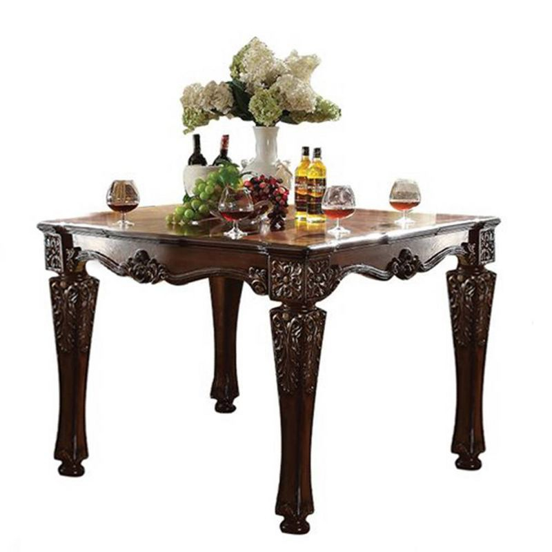 54" Vendome Accent Table Cherry Finish - Acme Furniture: Square, Turned Wood Legs, Floral Motifs