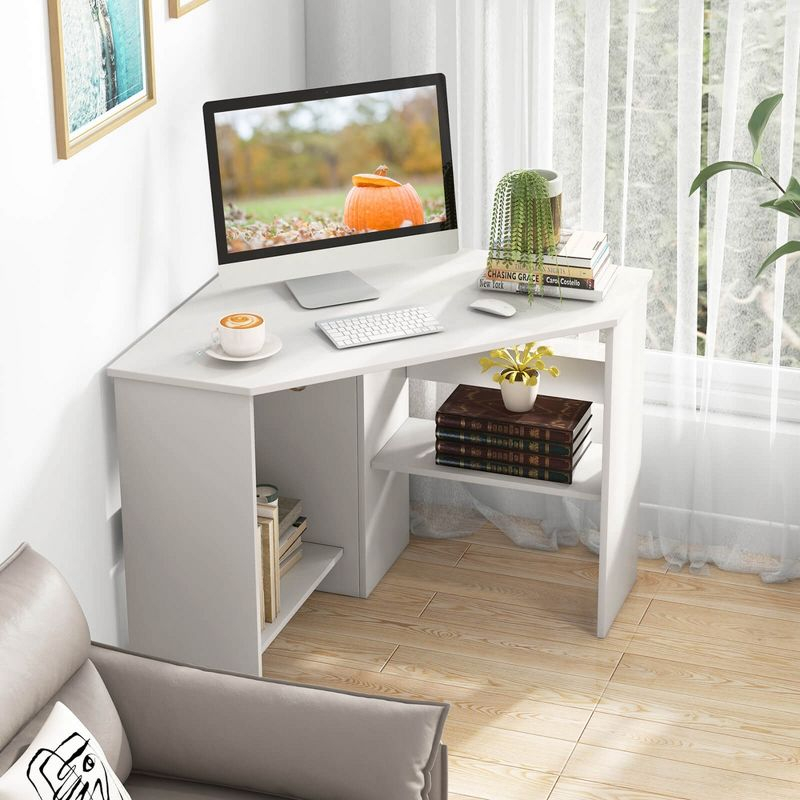 Costway Corner Computer Desk Triangle Writing Workstation w/ Storage Shelf White