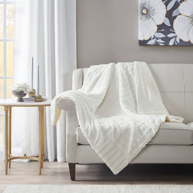 50"x60" Polar Solid Faux Fur Throw Blanket Ivory - Madison Park: Cozy, Soft, Checkboard Texture, Machine Washable
