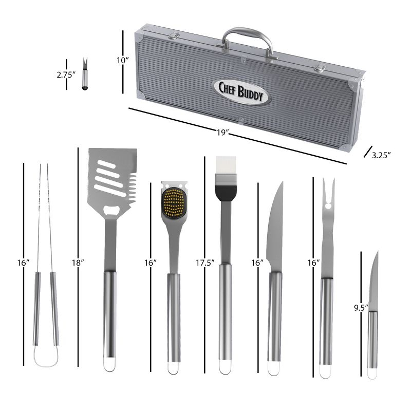 BBQ Grill Accessories Kit - 19-Piece Stainless-Steel Grilling Tools Set with Carrying Case - Camping Utensils for Summer Outdoor Cooking by Chef Buddy
