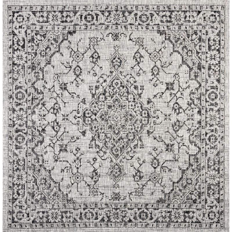 5' Square Rozetta Boho Medallion Textured Weave Indoor/Outdoor Area Rug, Gray/Black - JONATHAN Y