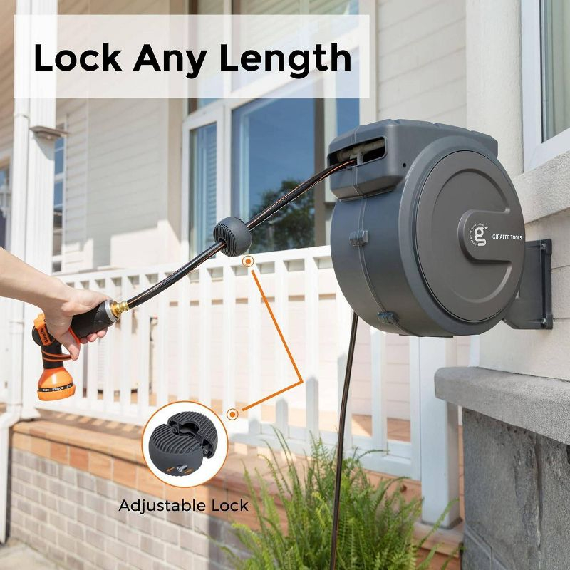 Giraffe Tools 78' Garden Retractable Mounted Hose Hangers Dark Gray