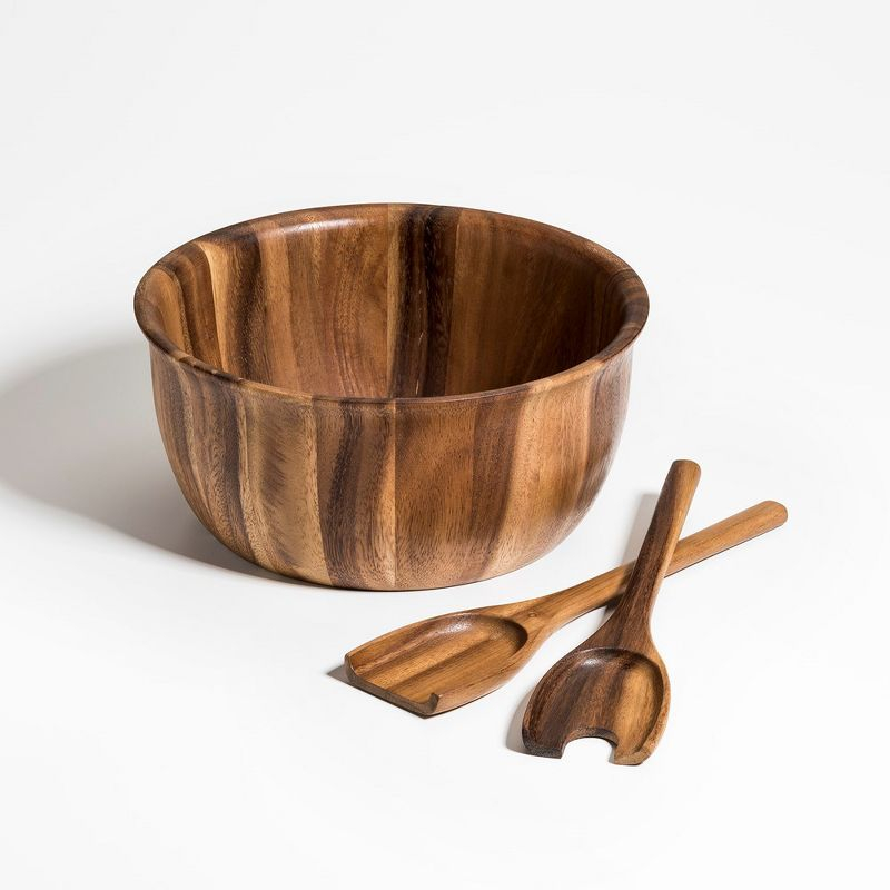 Kalmar Home Solid Acacia Wood Large Salad Bowl with Servers
