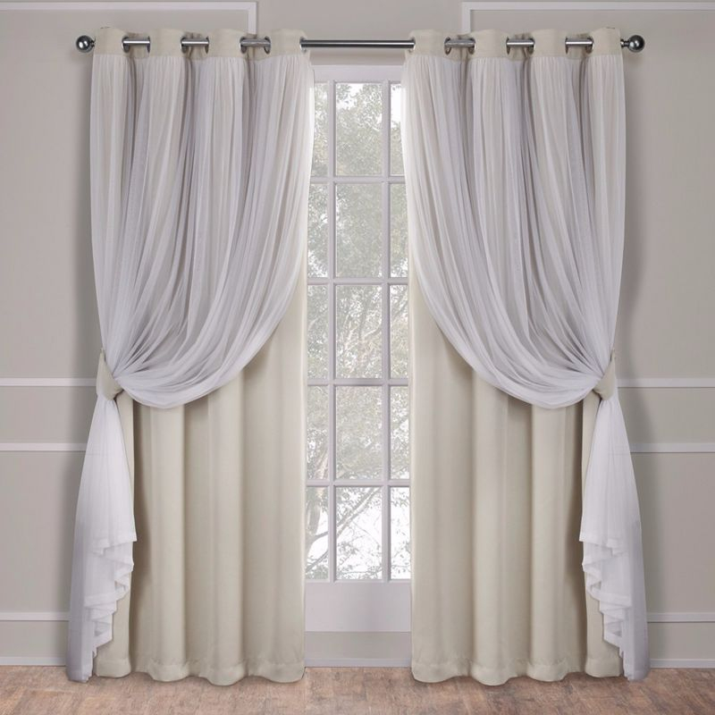 Set of 2 (63"x52") Caterina Layered Solid Blackout with Sheer Top Curtain Panels Sand - Exclusive Home: Thermal Insulated