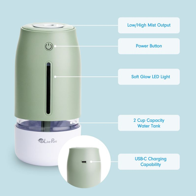 LivePure Aqua Glo Cool Mist Humidifiers for Bedroom. Small Humidifier for Babies, Nursery, Plants, Office. Ultrasonic Cool Mist Humidifier w/ Quiet