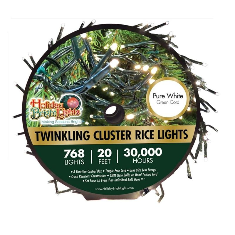 Holiday Bright Lights Twinkling Cluster LED Rice Light Reel, 20 Foot Long 768 Lights for Indoor/Outdoor Christmas Decoration, Pure White