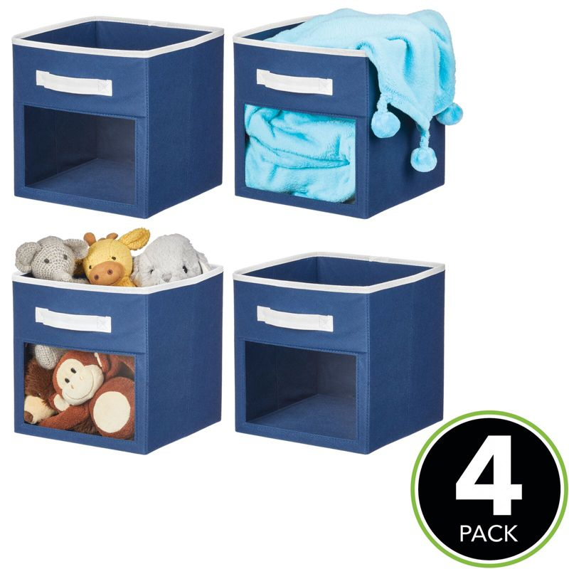 mDesign Fabric Nursery Storage Cube with Front Window, 4 Pack - Navy Blue/White