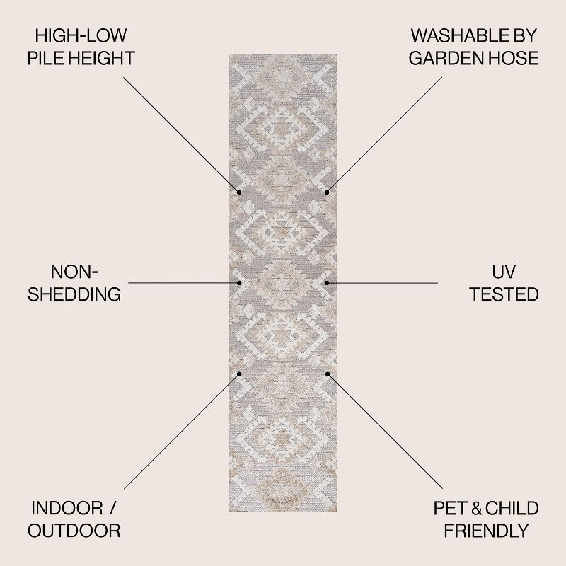 2'x8' Sumak High-Low Pile Neutral Diamond Kilim Indoor/Outdoor Runner Rug, Beige/Gray - JONATHAN Y