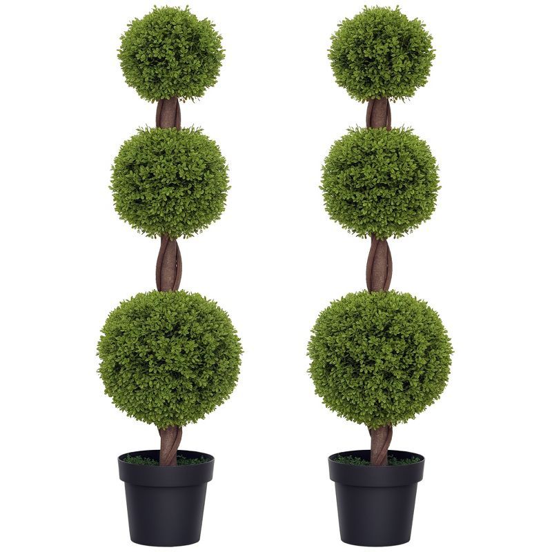 HOMCOM Set of 2 Artificial Plants Home Decor Indoor & Outdoor Plants Fake Boxwood Topiary Trees in Pots, Faux Trees, 43.25"