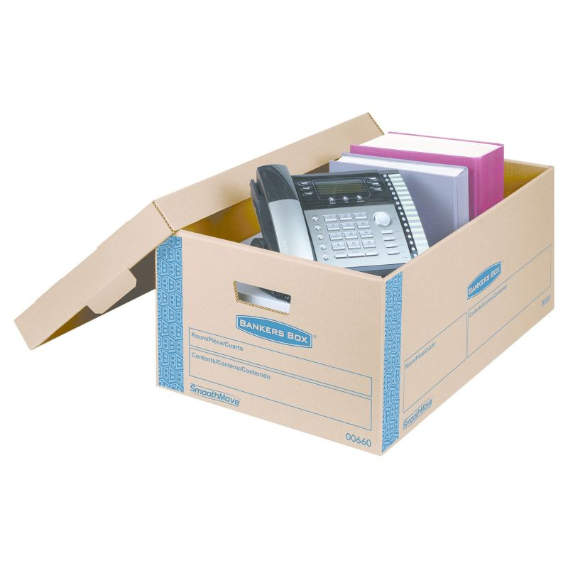 Bankers Box SmoothMove Prime Large Moving Boxes, Lift Lid, 24l x 15w x 10h, Kraft/Blue, 8/CT: Cardboard Packing Supplies