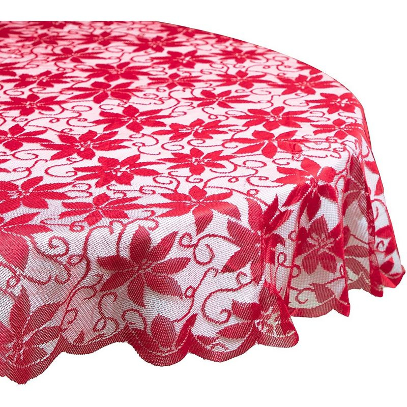 Juvale 72 Inch Round Tablecloth, Red Lace Christmas Tablecloth with Poinsettia Design for Holiday Decorations, Dining Room