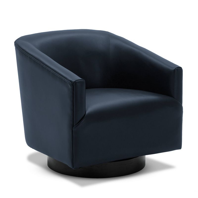 Comfort Pointe Gaven Wood Base Swivel Accent Chair Midnight Blue: Durable Faux Leather, 360° Swivel, No-Sag Springs