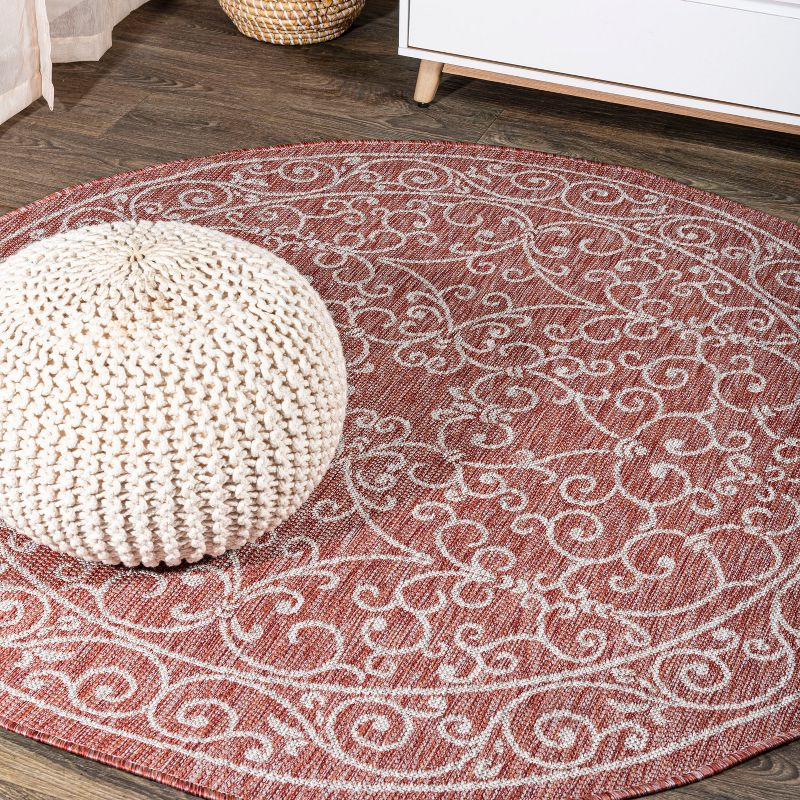 5' Round Charleston Vintage Filigree Textured Weave Indoor/Outdoor Area Rug, Red/Beige - JONATHAN Y