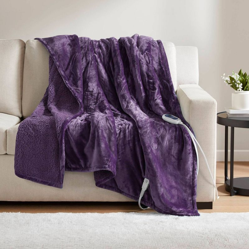 60"x70" Electric Heated Microlight to Berber Throw Blanket Purple: Beautyrest, Lightweight, Machine Washable