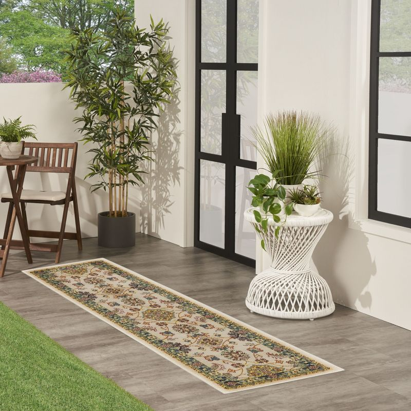 Nourison Essentials Floral Persian Indoor Outdoor Rug Ivory Gold 2'2" x 7'6"