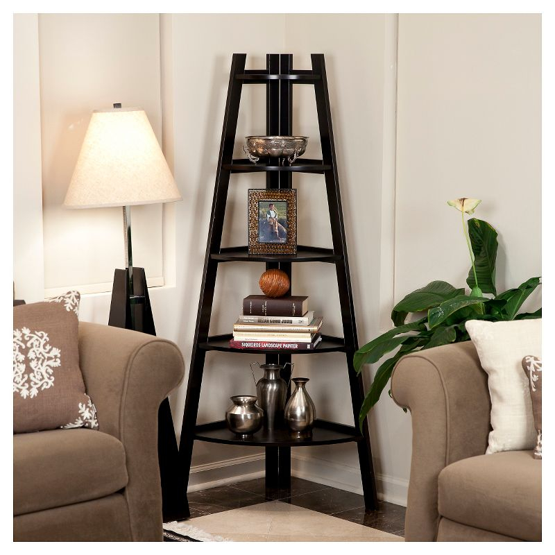 Danya B. 63" x 26.5" Five-Tier Pyramid Corner Ladder Shelf Brown: MDF Wood, Open Back Design, Fixed Shelves