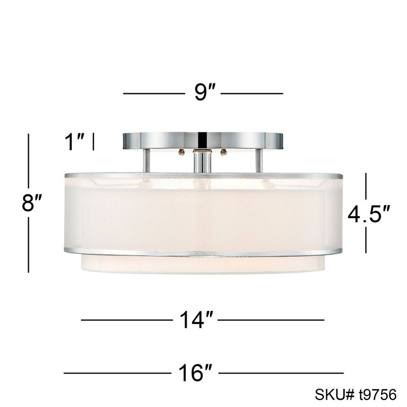 Possini Euro Design Modern Ceiling Lighting Semi Flush Mount Fixture 16" Wide Chrome 2-Light Sheer Outer Off White Inner Drum Shade for Bedroom House