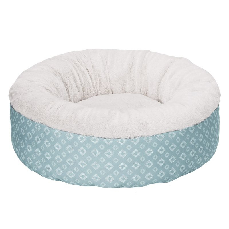 FurHaven Plush & Diamond Print Calming Donut Pet Bed for Dogs & Cats - Small, Aqua