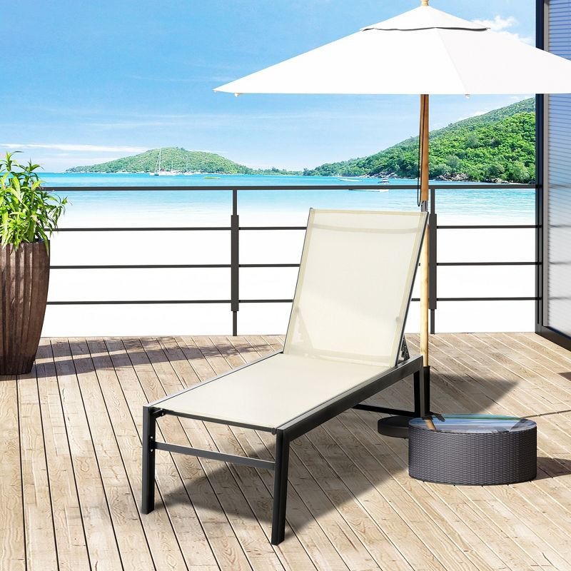 Outsunny Chaise Lounge Outdoor Pool Chair with Wheels, Five Position Recliner for Suntanning, Sunbathing, Steel Frame, Breathable Fabric, Cream White