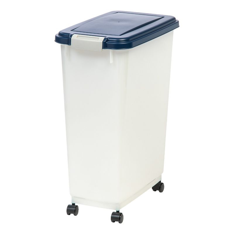 IRIS USA 37.5 Lbs / 47 Qt WeatherPro Airtight Pet Food Storage Container with Attachable Casters, Navy/Pearl