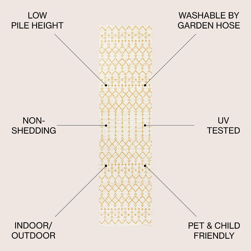 2' x 10' Ourika Moroccan Geometric Textured Weave Indoor/Outdoor Runner Rug, Cream/Yellow - JONATHAN Y