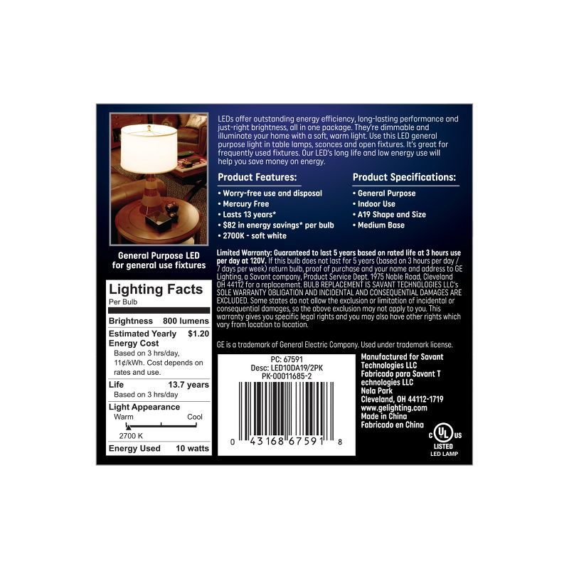 GE 2pk 60W A19 Light Bulb Soft White: LED, E26 Base, Dimmable, 800 Lumens, Energy Star Certified, 2700K, 13.7-Year Life