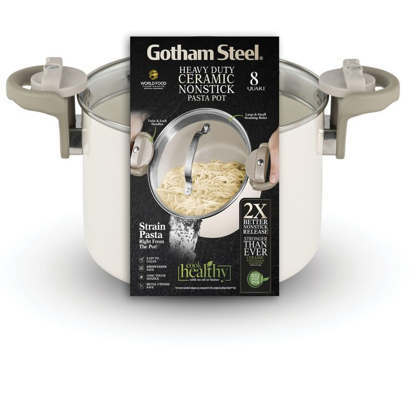 Gotham Steel Cream Ultra Nonstick Ceramic 8 Qt Pasta Pot with Strainer and Twist & Lock Handles