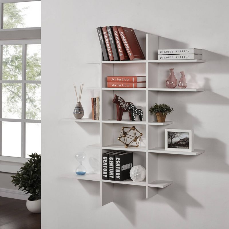 Danya B. 51" x 45" Five Tier Asymmetric Shelf White - Laminated, Interlocking, MDF Composite