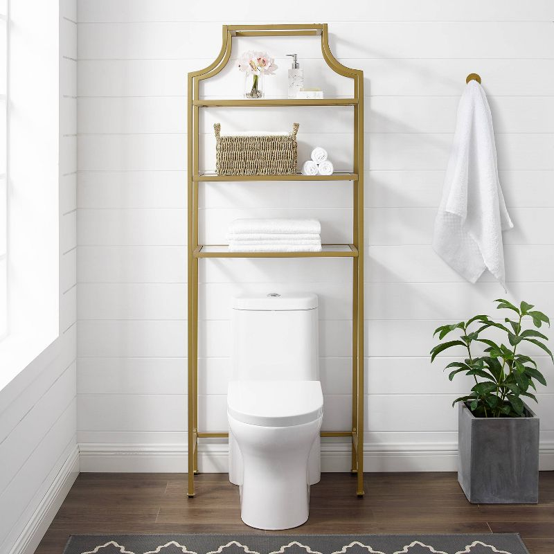Aimee Space Saver Gold - Crosley: Modern Luxury Freestanding Toilet Hutch with 3 Tempered Glass Shelves