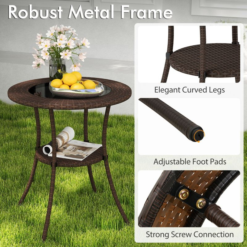 Tangkula Outdoor Side Table with Storage PE Wicker Patio Bistro Table with Tempered Glass Tabletop