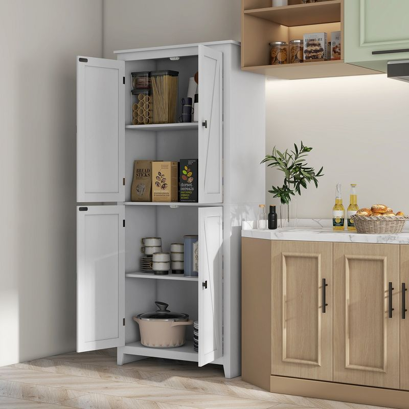 HOMCOM 72" Freestanding Kitchen Pantry Cabinet, Farmhouse Tall Storage Cabinet with 4 Door Cabinets and Adjustable Shelves for Dining Room, White