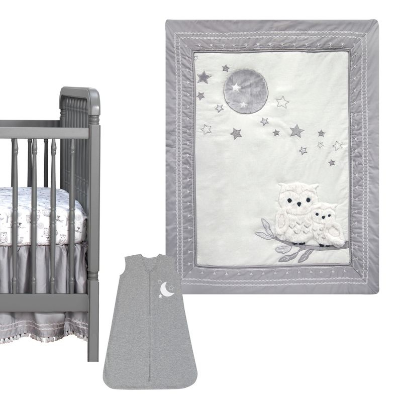Lambs & Ivy Luna White/Gray Celestial Owl 4-Piece Nursery Baby Crib Bedding Set