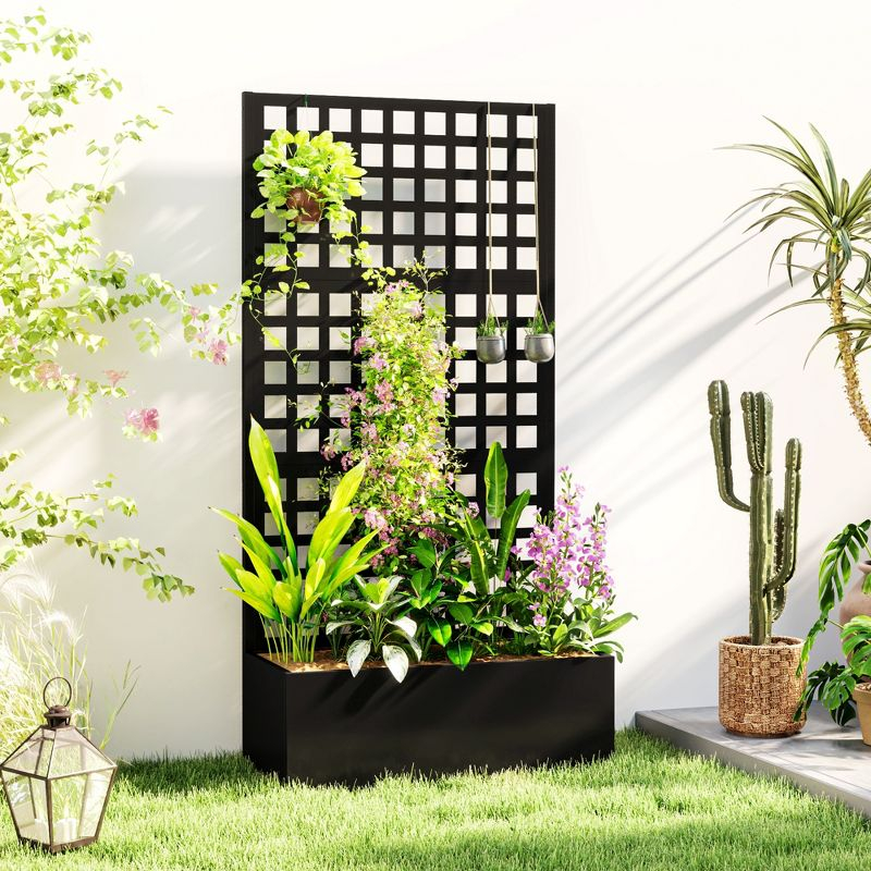 Outsunny Galvanized Raised Garden Bed with Trellis and Drainage Holes for Climbing Plants, Vegetable, Vines, 35" x 16" x 70", Black