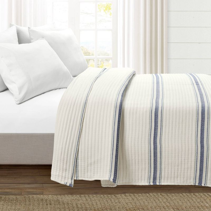 Lush Décor King Farmhouse Stripe Kantha Pick Sti Thread Counth Yarn Dyed Woven Single Quilt/Coverlet Navy: Reversible, OEKO-TEX Certified