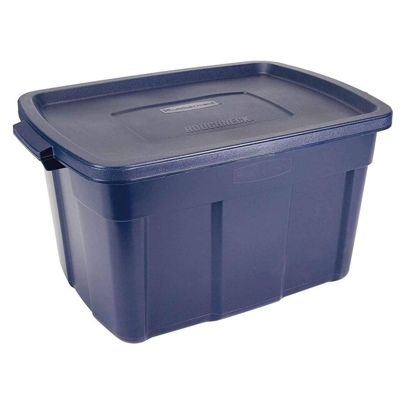 Rubbermaid Roughneck 25 Gallon Rugged Stackable Storage Container with Tight Lid for Indoor or Outdoor Home Organization, Dark Indigo Metallic, 4 Pack
