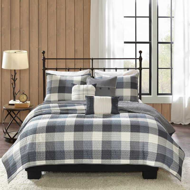 Madison Park 6pc King/California King Warren Herringbone Quilted Reversible Coverlet Set with Decorative Pillows Gray: Rustic Comfort Bedding Set