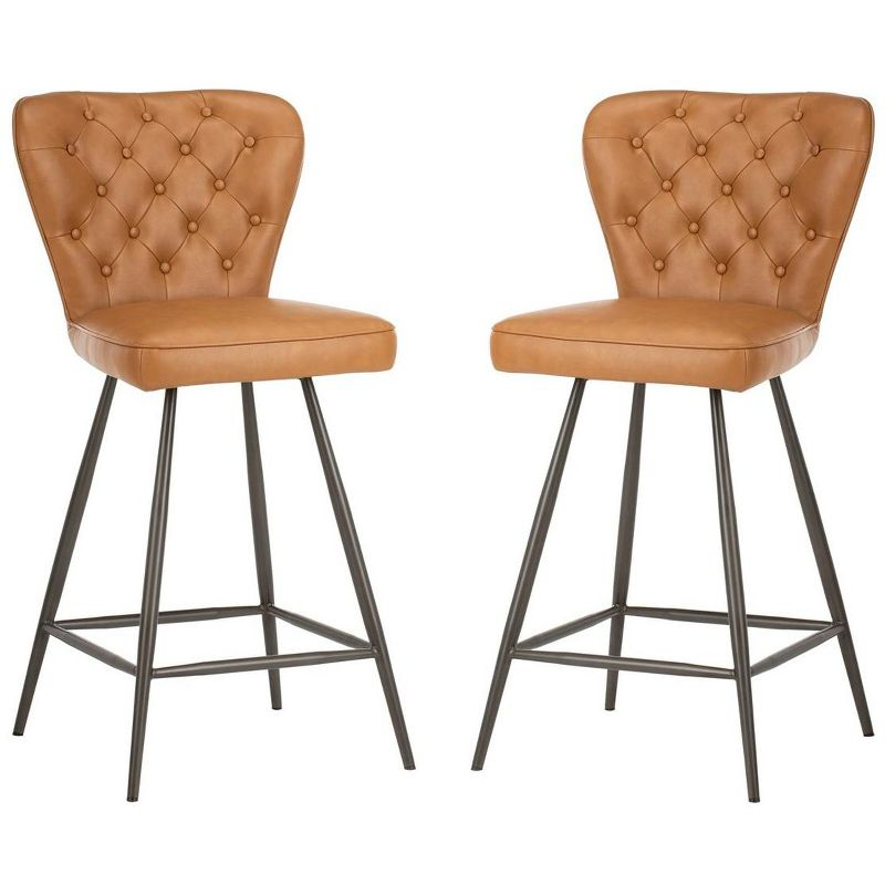 Ashby 26"H Mid-Century Modern Leather Tufted Swivel Counter Stool (Set of 2) - FOX1702 - Camel - Safavieh Couture